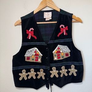 Country Wear Vest Women's 8P Black Multi Vintage Christmas Holiday Velvet Plaid